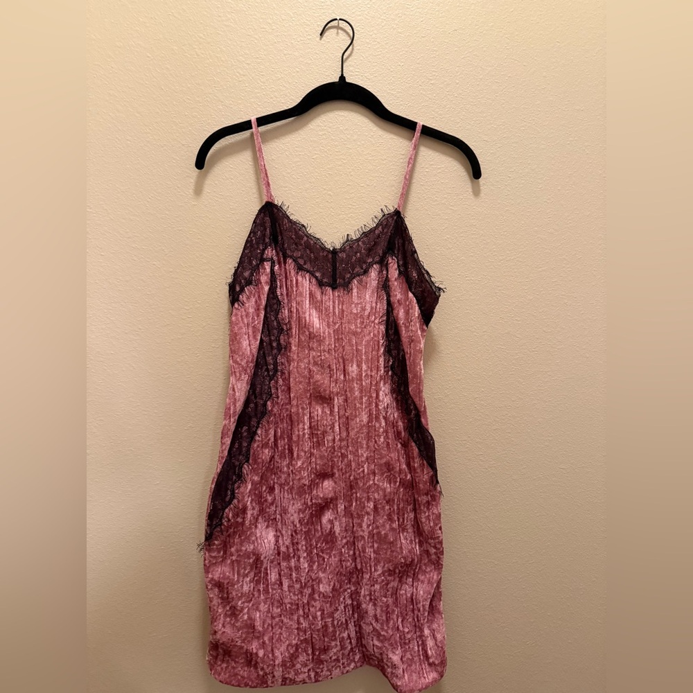 pink velvet and black lace slip dress